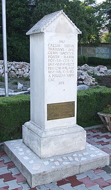 A copy of the Milliarium of Aiton erected in June 1993 in front of the Turda Post Office Milliarum of Aiton, modern copy erected in Turda, Romania in 1993.jpg