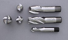 High speed steel with cobalt endmills used for cutting operations in a milling machine. MillingCutterSlotEndMillBallnose.jpg