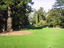 Front lawn of the mansion looking towards the garden. On the left is an artistic display, a hut made from twisted tree branches. MontalvoFrontLawn.jpg