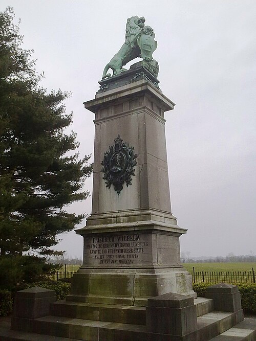 Brunswick Monument in Baisy-Thy. The German caption reads : Frederick-William Duke of Brunswick and Luneburg fought ahead of his troops and fell not f