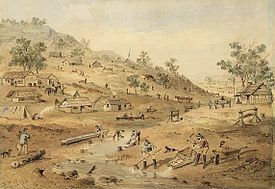 Another view of the Mount Alexander goldfields in 1852, painted by Samuel Thomas Gill Mount Alexander Diggings.jpg