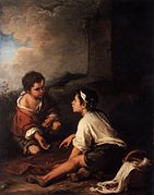 Two boys playing dice label QS:Les,"Dos muchachos jugando a los dados" label QS:Lpl,"Dwaj chłopcy grający w kości" label QS:Len,"Two boys playing dice" , 1670-1680, Vienna, Academia de Bellas Artes