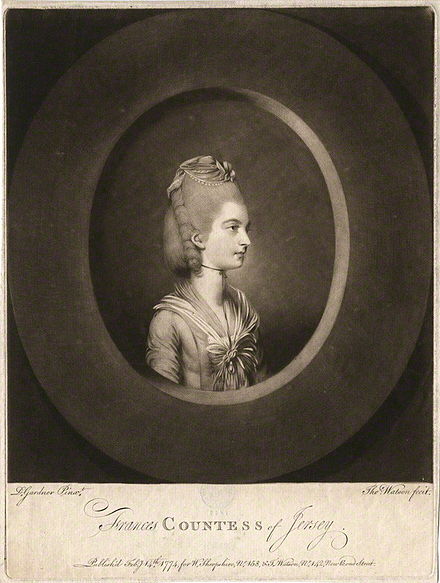 Frances Villiers, Countess of Jersey. A mezzotint engraving by Watson, published in 1774 after the original portrait by Daniel Gardner. Mw37372.jpg