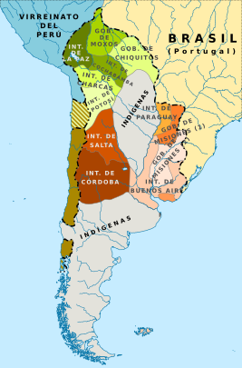 La Vice-royauté du Río de la Plata en 1783. La province de Misiones actuelle faisait partie du territoire des missions jésuites.