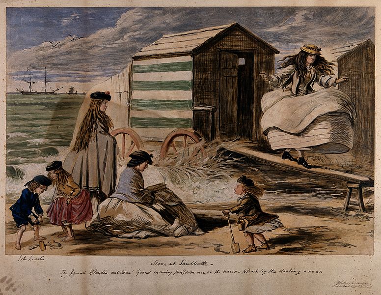 File:One young woman is walking on a plank near a beach hut as an Wellcome V0041172.jpg