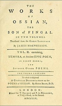 Díla Ossiana, syna Fingala, II. díl, první vydání z roku 1765