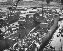 Overhead view of USS Ashland's well deck as she is moored pierside at Mare Island Navy Yard, 21 July 1943 Overhead view of USS Ashland LSD-1 well deck.jpg