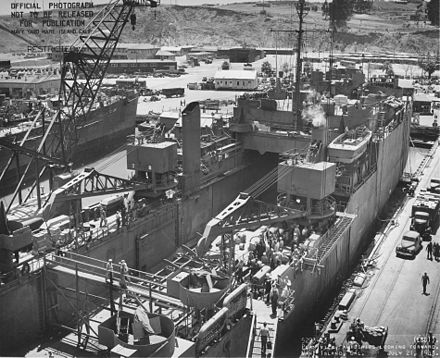 Overhead view of USS Ashland's well deck as she is moored pierside at Mare Island Navy Yard, 21 July 1943.