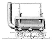 1877 drawing of a Stephenson locomotive described as 'of 1815', similar to The Duke but with flanged wheels and lacking the central sprocket wheel. PSM V12 D281 Stephenson locomotive 1815.jpg