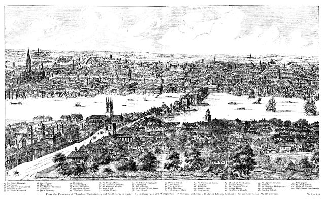 Panorama of London in 1543 from a 19th-century engraving by Nathaniel Whittock from a drawing by Antony van den Wyngaerde (c. 1543–50), showing the to