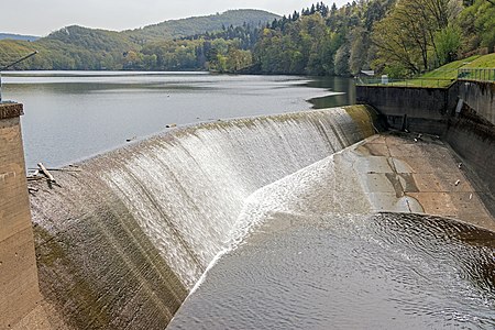 Free overfall weir Paulushofdamm Rurberg Germany