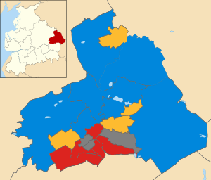 Map of the results of the 2011 Pendle Borough Council election. Conservatives in blue, Labour in red and Liberal Democrats in yellow. Wards in dark grey were not contested in 2011. Pendle UK local election 2011 map.svg