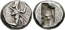 A royal Achaemenid siglos, 485-470 BCE (Archer king type). Coins of this type were also found in the Bhir Mound hoard of Taxila. Persia, Achaemenid Kings. Circa 485-470 BC.jpg