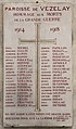 * Nomination Plaque in memory of dead soldiers from Vézelay during WWI, interior of Basilique Sainte-Marie-Madeleine de Vézelay in France. --Chabe01 14:31, 18 May 2021 (UTC) * Promotion Good quality. --Imehling 15:45, 18 May 2021 (UTC)