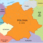 "Polonia" a principios del siglo XI separada de Lituania por los territorios del antiguo Ducado de Prusia y la Rus de Kiev.