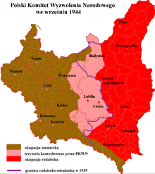 Lands administered by the PKWN in September 1944 (pink); German-occupied lands (brown) and Soviet-occupied lands (red) Polish Committee of National Liberation in September 1944.PNG