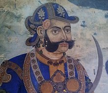 Mathabar Singh Thapa, shown with sideburns of the style worn by Hindu Kshatriya military commanders in the Indian subcontinent. Portrait of mathabar singh thapa.jpg