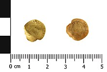 Gold half crown of Elizabeth I, 1580/81 Post Medieval Coin, Half crown of Elizabeth I (obverse and reverse) (FindID 734368).jpg