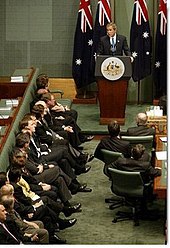 George W. Bush addresses the joint sitting of Australian Parliament in 2003 Pres australia.jpg