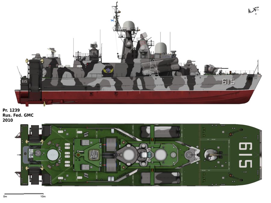 Zeichnung der Steuerbordansicht und der Draufsicht einer Projekt 1239 Flugkörperkorvette der Russischen Marine