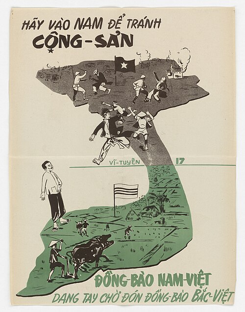 Propaganda poster exhorting Northerners to move South-title: "Go South to avoid Communism". Bottom caption: "Southern compatriots are welcoming Northe