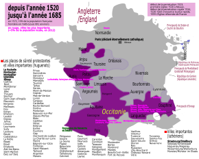 Areas controlled and contested by Huguenots are marked purple and blue on this map of modern France. Protestant France.svg