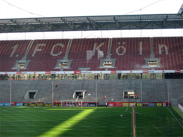 Terracing at the bottom and seating at the top of a stand at the RheinEnergieStadion in Germany, home of Bundesliga club 1. FC Köln