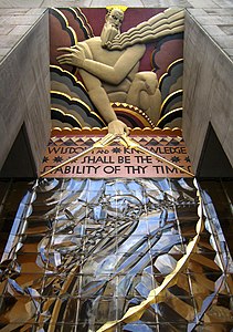 Portal decoration Wisdom by Lee Lawrie at the Rockefeller Center (1933)