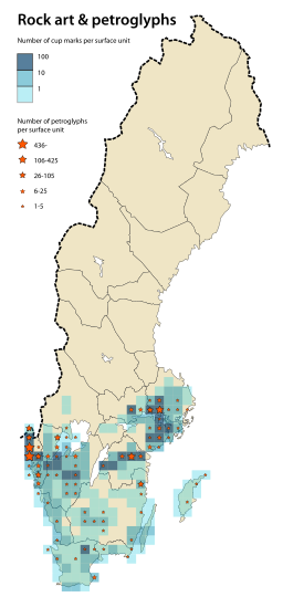 Verteilungskarte Felszeichnungen in Schweden. Rock carvings density-km2-Sweden