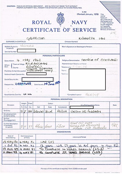 Royal Navy Certificate of Service (Form S.459), given to all ratings on discharge.