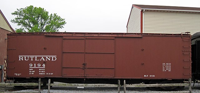 A boxcar of the Rutland Railroad, now preserved at the Strasburg Rail Road in Pennsylvania.