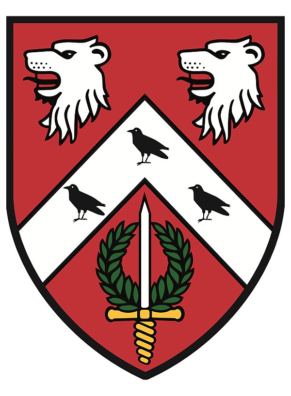 Arms: Gules, on a chevron between in chief two lions heads erased argent, and in base a sword of the second pummelled and hilt or and enfiled with a w