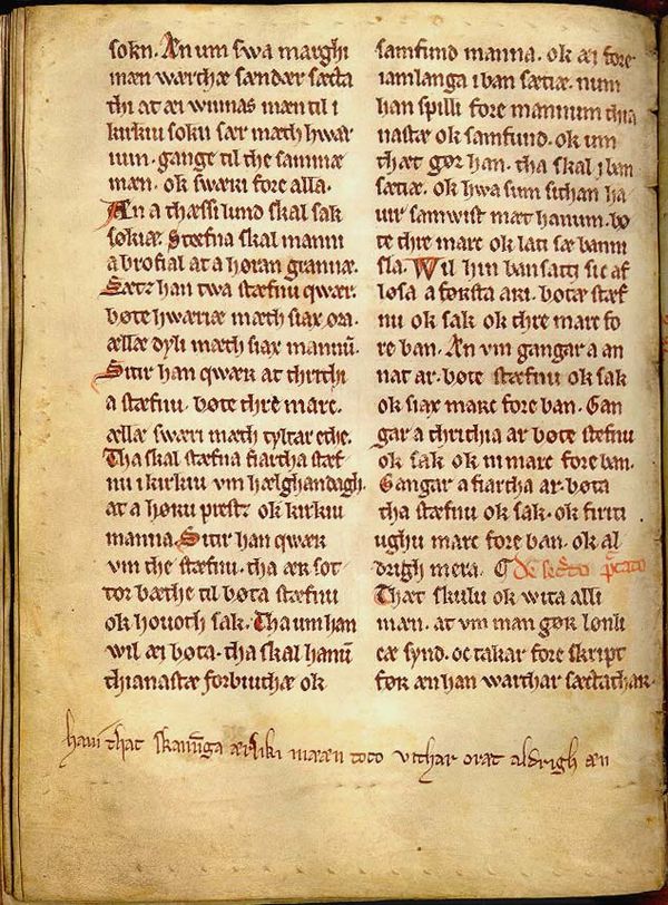 Anders Sunesøn's 13th-century version of the Scanian Law and Church Law, containing a comment in the margin called the "Skaaningestrof" (the Scanian s