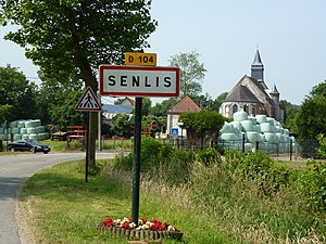 Senlis (Pas-de-Calais, Fr) panneau d'entrée Senlis et église Notre- Dame PA00108430.JPG