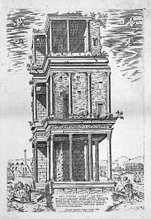 The remains of the Septizodium in a print of 1582, just prior to its demolition Septiconium Luci Septimi Severi.jpg