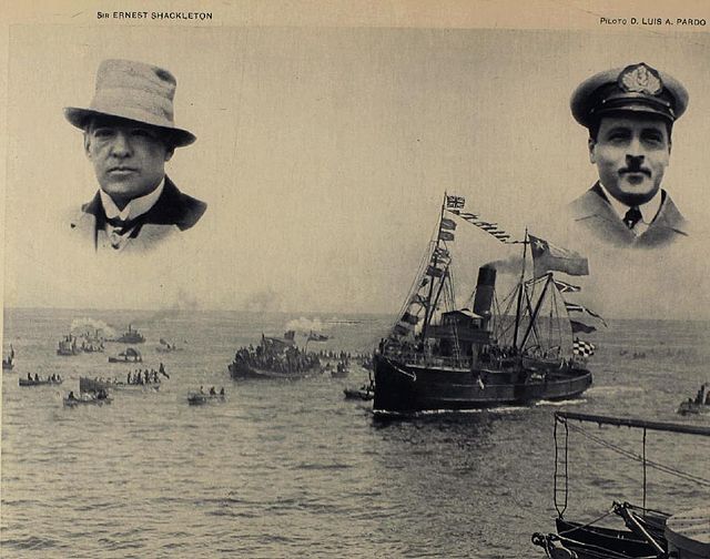 Yelcho, at the left is Ernest Shackleton and Luis Pardo Villalón at the right