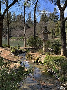 A stream running through the Fall Section of the Shinzen Garden Shinzen Friendship Garden in Fresno, California.jpg