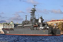 Russian Project 775 landing ship Korolev. Note the Russian naval jack at the front and naval ensign at the rear. ShipsSPB2015-03.jpg
