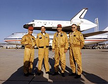 SCA crew - (L-R: McMurtry, Horton, Fulton, Young) Shuttle Carrier Aircraft crew in front of SCA and Columbia.jpg