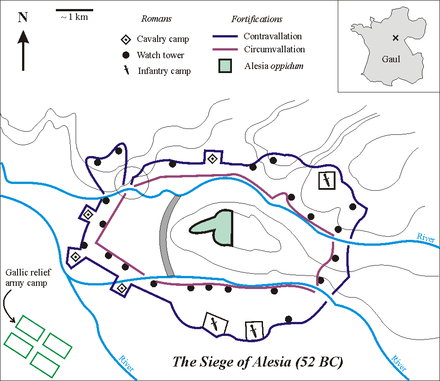 The fortifications built by Caesar in Alesia  Inset: cross shows location of Alesia in Gaul (modern France). The circle shows the weakness in the north-western section of the fortifications