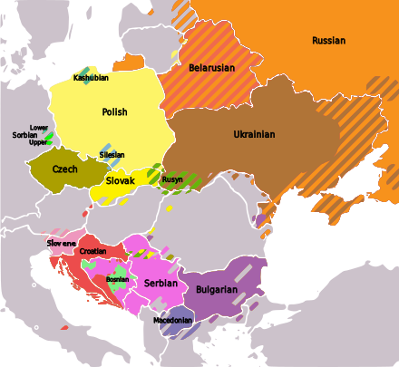 Slavic languages in Europe (2008). Areas where languages overlap are shown in stripes.