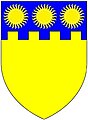 Augmented arms of Smithson Baronets of Stanwick to Sir Hugh Smithson, 1st Baronet by King Charles II of England for loyalty: Or, on a chief embattled azure three suns proper[26]