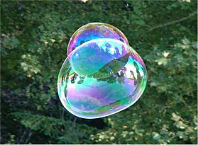 Iridescence in soap bubbles Soap Bubble - foliage background - iridescent colours - Traquair 040801.jpg