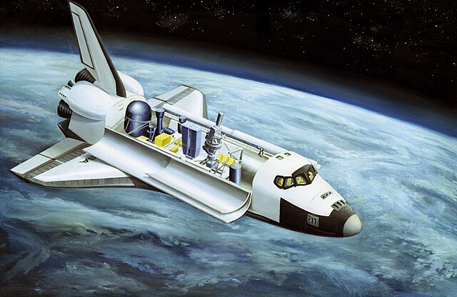 Artist's impression of the Spacelab 2 mission, showing some of the various experiments in the payload bay
