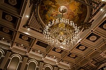 Detail of the auditorium crystal chandelier Springer Auditorium Chandelier.jpg