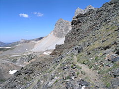 View north from Static Peak Divide with Alaska basin at left and Grand Teton, upper right