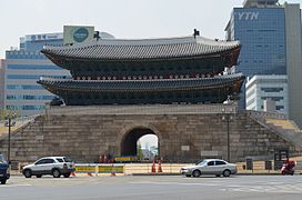 Namdaemun, back of gate, looking through open doors with original YTN tower in the right background