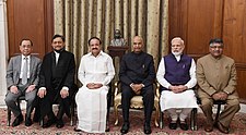 Chief Justice Bobde (left), Vice President Naidu (Center) and President Kovind (right) at the swearing-in ceremony of Sharad Arvind Bobde