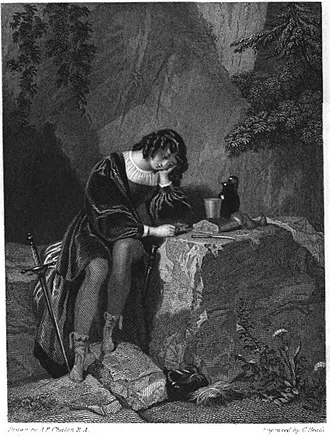 "Adalinda", engraving from The Keepsake for 1829, illustrating Ferdinando Eboli. The heroine, dressed as a page, escapes her captors in a bandits' cave. The Keepsake 1829, Adalinda.jpg