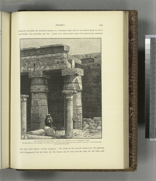 File:The court of the great temple of Rameses III. At Medînet Habû. The short pillars in front belonged to the church which the Copts erected within this noble peristyle court, and of which many (NYPL b10607452-80843).tiff